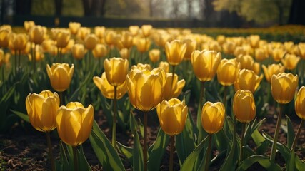 Obraz premium Yellow Tulips Blooming in a Sunny Spring Garden.
