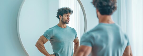 Obraz premium A focused man gazes at his reflection in a mirror, showcasing strength and determination in a bright, modern space.