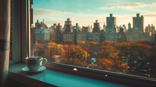 Coffee cup by the window with an autumn cityscape view, featuring colorful fall foliage and urban scenery.
  Seamless looping 4k time-lapse virtual video animation Generated AI