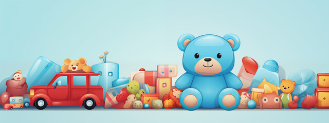 Fototapeta premium Large Blue Teddy Bear Surrounded By Toys And Red Car On Light Blue Background