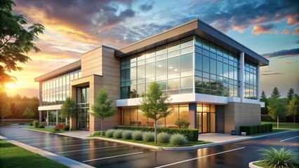 Modern two-story medical facility with large windows, sleek architecture, and a calming atmosphere, surrounded by lush greenery and a small parking lot exterior.