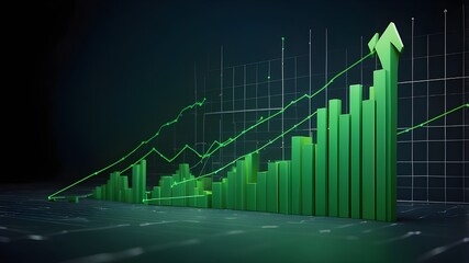 business chart for finance. An expanding bar graph with a green arrow on a digital backdrop representing corporate success and financial growth