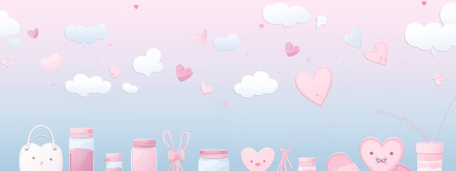 Pink And Blue Jars With Heart Clouds And Balloons On A Gradient Background