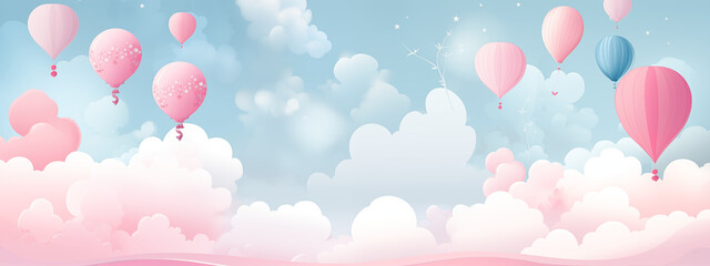 Pink and Blue Balloons with Clouds and Stars in Sky