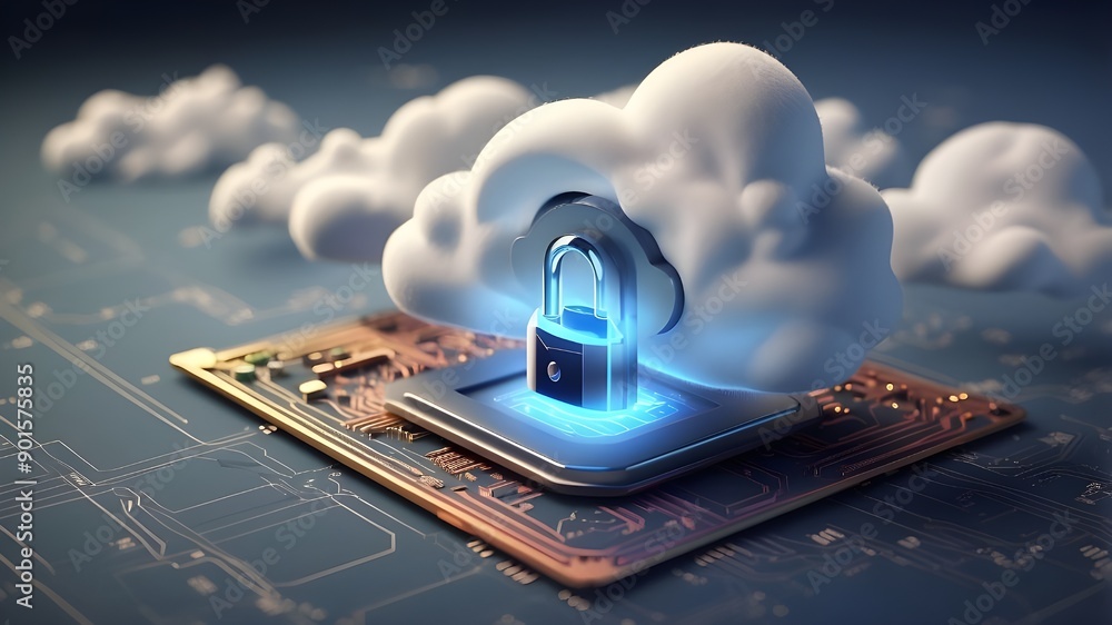 Poster cloud security: a microchip security concept with a cloud icon
