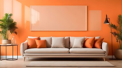 Picture famous mockup on an orange wall in a contemporary living room, translucent wall art mock-up