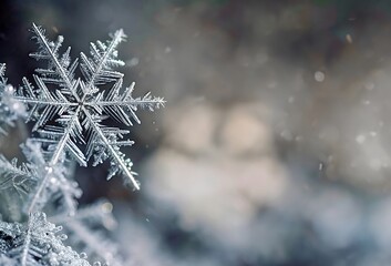 Snow frost in the form of a large crystallized snowflake. Close-up of a snow crystal on a blurred blue background. Copy space. Christmas winter banner background.