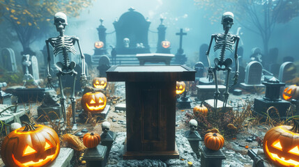 An empty podium surrounded by skeleton figures and jack-o'-lanterns, set in a misty graveyard with ancient tombstones and a foggy atmosphere