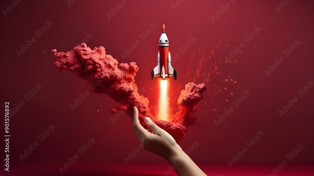 Aufkleber a crimson background with an isolated rocket launch from an open hand. symbolizing the idea of launc