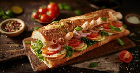 A delicious sub sandwich loaded with fresh vegetables, deli meats, and herbs on a rustic wooden background.