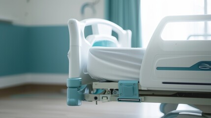 Fototapeta premium Unoccupied hospital bed in a private room flooded with natural light from the window, ready for its patient