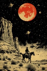 Embark on a surreal cosmic cowboy journey through the desolate wild west of an otherworldly universe under the red moon and starry night sky