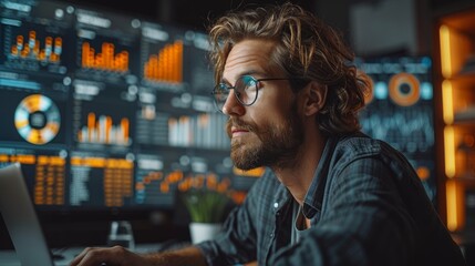 Obraz premium Young Professional Analyzing Data on Multiple Screens in Modern Office During Evening Hours. Generative AI