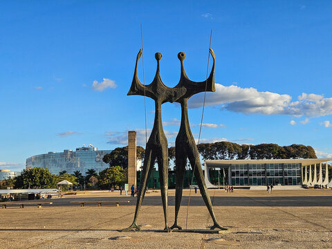 Sculpture "Os Candangos" or "Dois Guerreiros" located in the square of the three powers in the city of Brasilia.