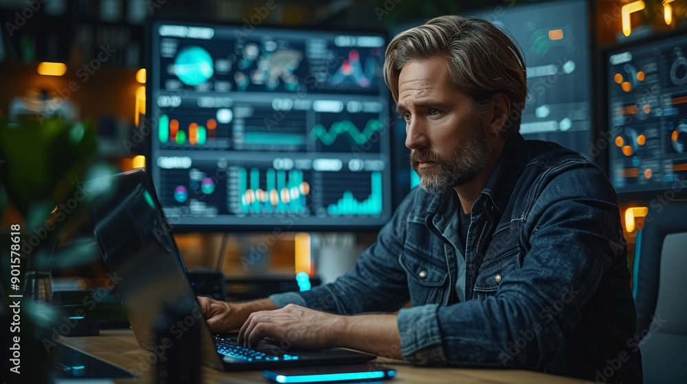 Poster professional man analyzing data on laptop in modern office environment during evening hours. generat