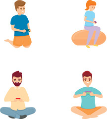 Gamer people icons set cartoon vector. People with joystick and play video game. Leisure time, hobby