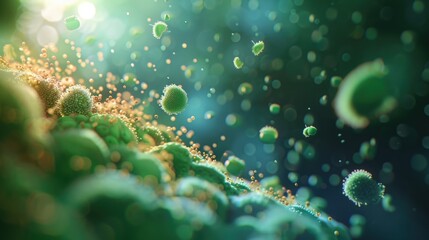 Fototapeta premium Probiotics interacting with fungi within the gut fauna focus on, biology, surreal, Manipulation, forest backdrop