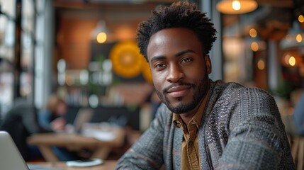 Fototapeta premium Young Man Smiling at a Cafe Table With Laptop During Afternoon in a Busy Urban Setting. Generative AI