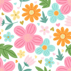 Seamless floral pattern on white background. Abstract flowers seamless pattern in doodle style. Isolated on white background. For fabric design, wallpaper, backgrounds, prints, scrapbooking etc. Vecto