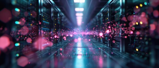 Automated robotic system in a data center, deep learning models visualized through holographic synapses, Cybernetic, Green and Purple, Digital Art