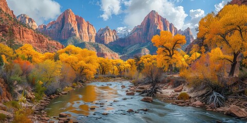 Autumn River Scene in Zion National Park