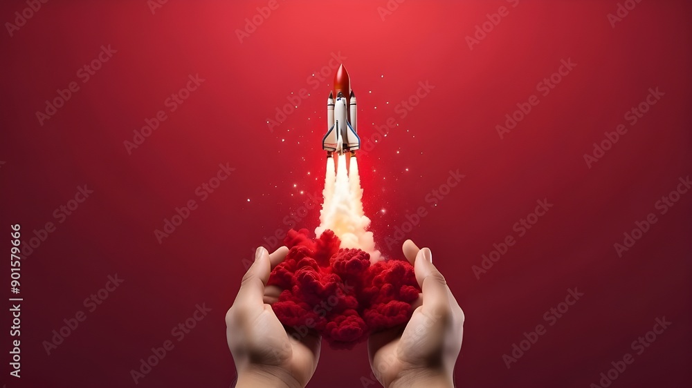 Poster a crimson background with an isolated rocket launch from an open hand. symbolizing the idea of launc
