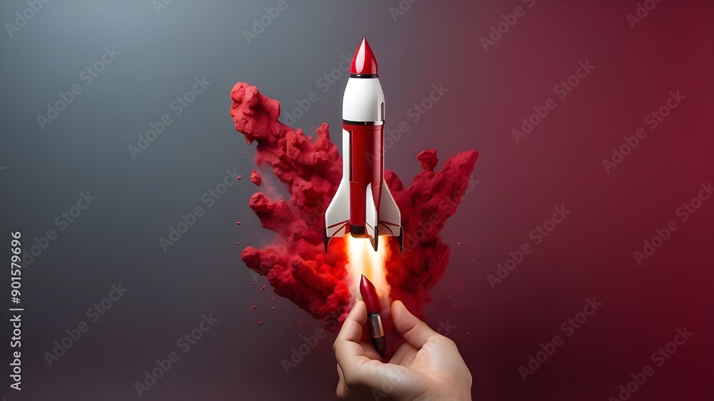 Aufkleber a crimson background with an isolated rocket launch from an open hand. symbolizing the idea of launc