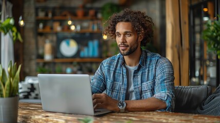 Obraz premium Young Man Working on Laptop in Cozy Coffee Shop Surrounded by Plants During Daytime. Generative AI