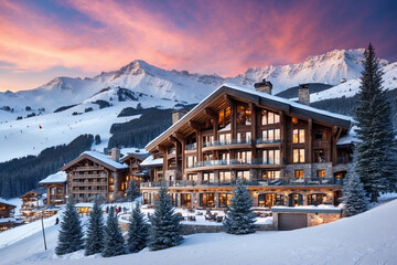 Enjoy a luxurious winter escape at an opulent ski resort with breathtaking snowy views, high-end chalets, pristine slopes, and indulgent après-ski activities for the ultimate travel experience.