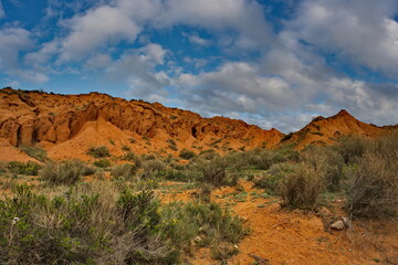 Northern Kyrgyzstan. The unusual texture of red-yellow clay rocks in the famous Skazka Canyon, off the coast of Lake Issyk-Kul.