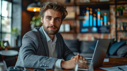 Fototapeta premium Professional Young Man Working on Laptop in Modern Office During Daytime. Generative AI