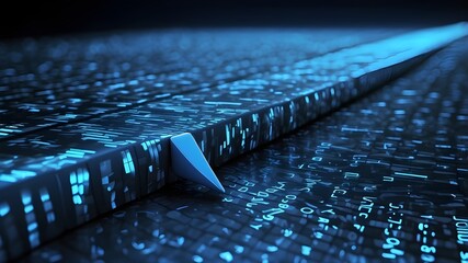 Right-pointing digital arrow formed by a vivid blue matrix binary code