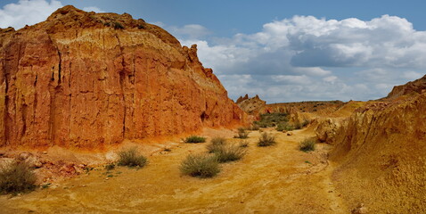 Northern Kyrgyzstan. The unusual texture of red-yellow clay rocks in the famous Skazka Canyon, off...