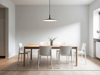 A Scandinavian style dining area with a light wood table and simple white chairs. The space is illuminated by a sleek pendant light