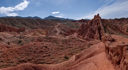 Northern Kyrgyzstan. The unusual texture of red-yellow clay rocks in the famous Skazka Canyon, off...