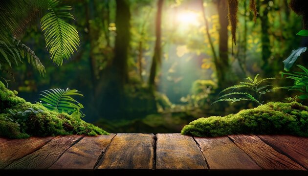 backdrop de floresta amazonica e mesa feita de madeira repleta de musgos