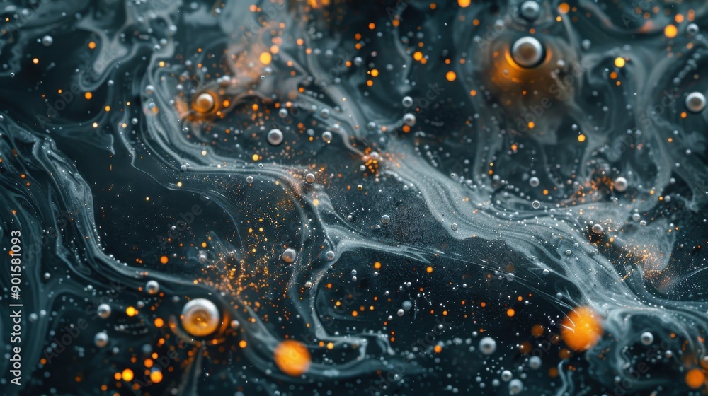 Poster abstract background with silver and gold particles floating in a dark liquid.