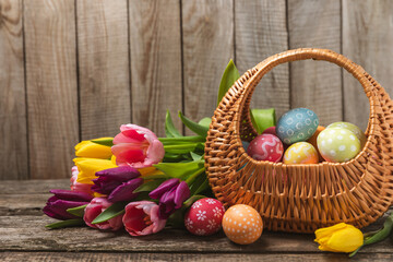 Easter eggs on a bright background. Easter celebration concept. Colorful easter handmade decorated Easter eggs. Place for text. Copy space.
