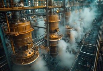 A detailed view of carbon capture filters and scrubbers in action, extracting CO2 from industrial exhausts