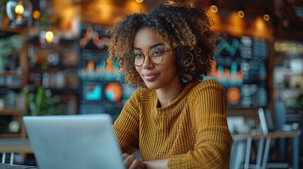 Young Woman Working on Laptop in Cozy Cafe With Warm Ambiance and Inspirational Decor. Generative AI