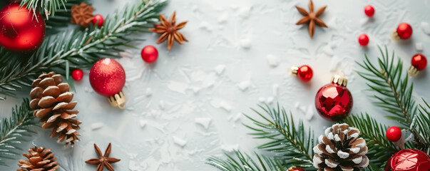 Fototapeta premium Panoramic background with beautiful Xmas decoration. Banner and wallpaper concept.