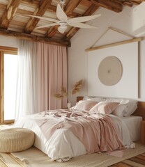 Bohemian Bedroom Decor with Ceiling Fan and Neutral Colors