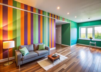 Fototapeta premium Precise tape removal reveals a vibrant accent wall, breathing new life into a home renovation, as bold colors and clean lines merge in perfect interior design harmony.