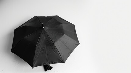 Black umbrella on white background with space for text, symbolizing protection from rain and unpredictable weather. Classic, elegant, simple design