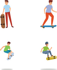 Skateboarder boy icons set cartoon vector. Guy riding skateboard. Extreme sport
