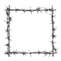A square frame crafted from barbed wire, showcasing an industrial aesthetic with a striking grey metal finish