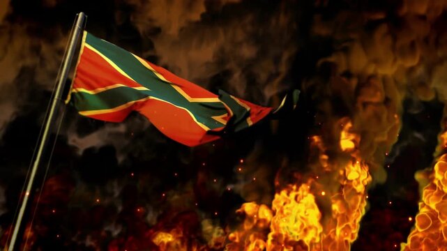 waving Novorossia flag on burning fire backdrop - catastrophe concept