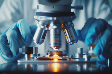 A scientist adjusts the lens on a microscope, focusing on a slide illuminated by a bright light.