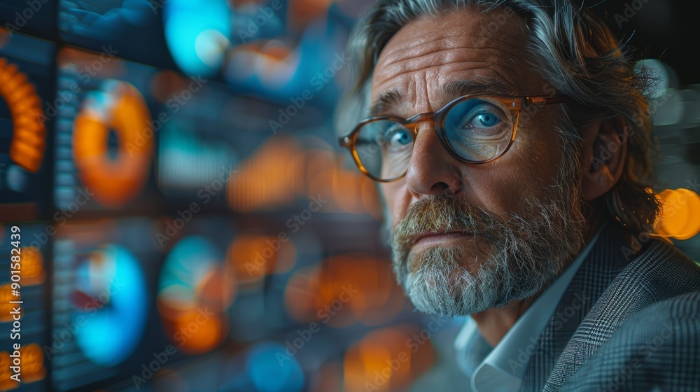 Poster insightful older man analyzing data charts in modern office during evening hours. generative ai