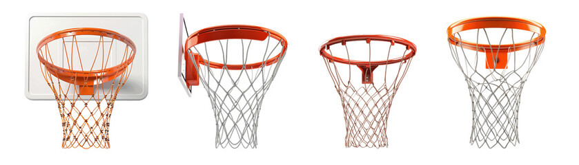 Set of basketball hoop designs shown from multiple angles, demonstrating their structure and netting features